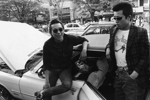 circa 1980:  Young Japanese bikers in Main Street, Tokyo.  (Photo by Keystone/Getty Images)