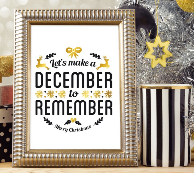CHRISTMAS DECEMBER TO REMEMBER PRINTABLE POSTER WATERCOLOR ILLUSTRATION TYPOGRAFY BLACK AND GOLD
