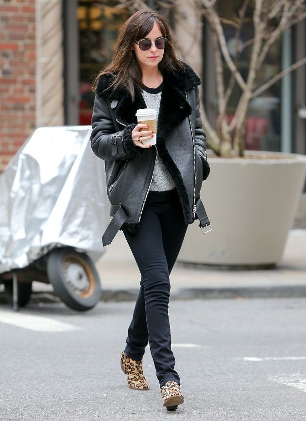 Dakota Johnson spotted wearing shearling leather jacket and leopard print booties while out and about in New York City