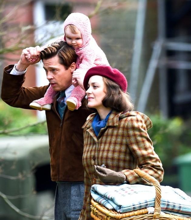 Photo © 2016 Splash News/The Grosby Group London, March 31, 2016. Brad Pitt and Marion Cotillard film new Robert Zemeckis movie Five Seconds of Silence in London. In the World War 2 drama Brad held a baby on his shoulders