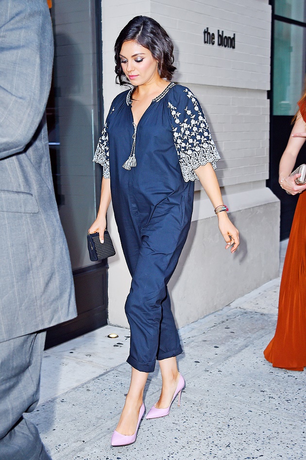 Pregnant Mila Kunis wears a navy onesie for "Bad Moms" premiere in SoHo, NYC. Pictured: Mila Kunis Ref: SPL1321189 180716 Picture by: Splash News Splash News and Pictures Los Angeles: 310-821-2666 New York: 212-619-2666 London: 870-934-2666 photodesk@splashnews.com 