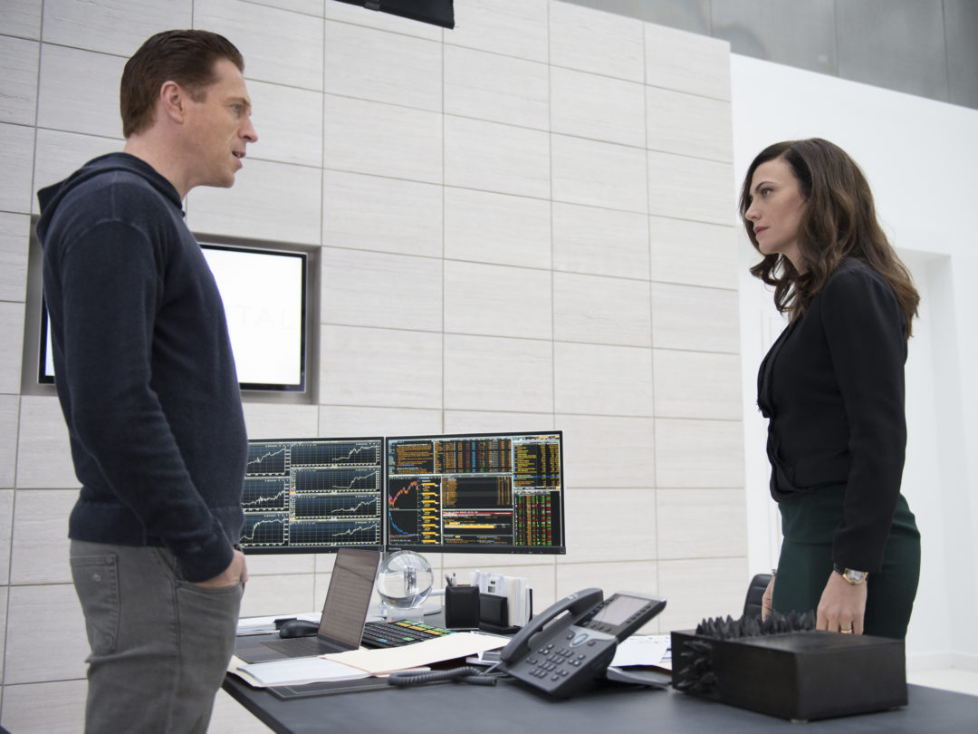 Damian Lewis as Bobby "Axe" Axelrod and Maggie Siff as Wendy Rhoades in Billions (Season 1, Episode 12). - Photo: Jeff Neumann/SHOWTIME - Photo ID: Billions_112_0548.R