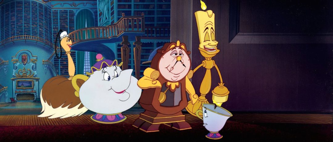 Disney "Beauty & the Beast 3D" (L-R) Babette, Mrs. Potts, Cogsworth, Lumiere and Chip. ©2011 Disney. All Rights Reserved.