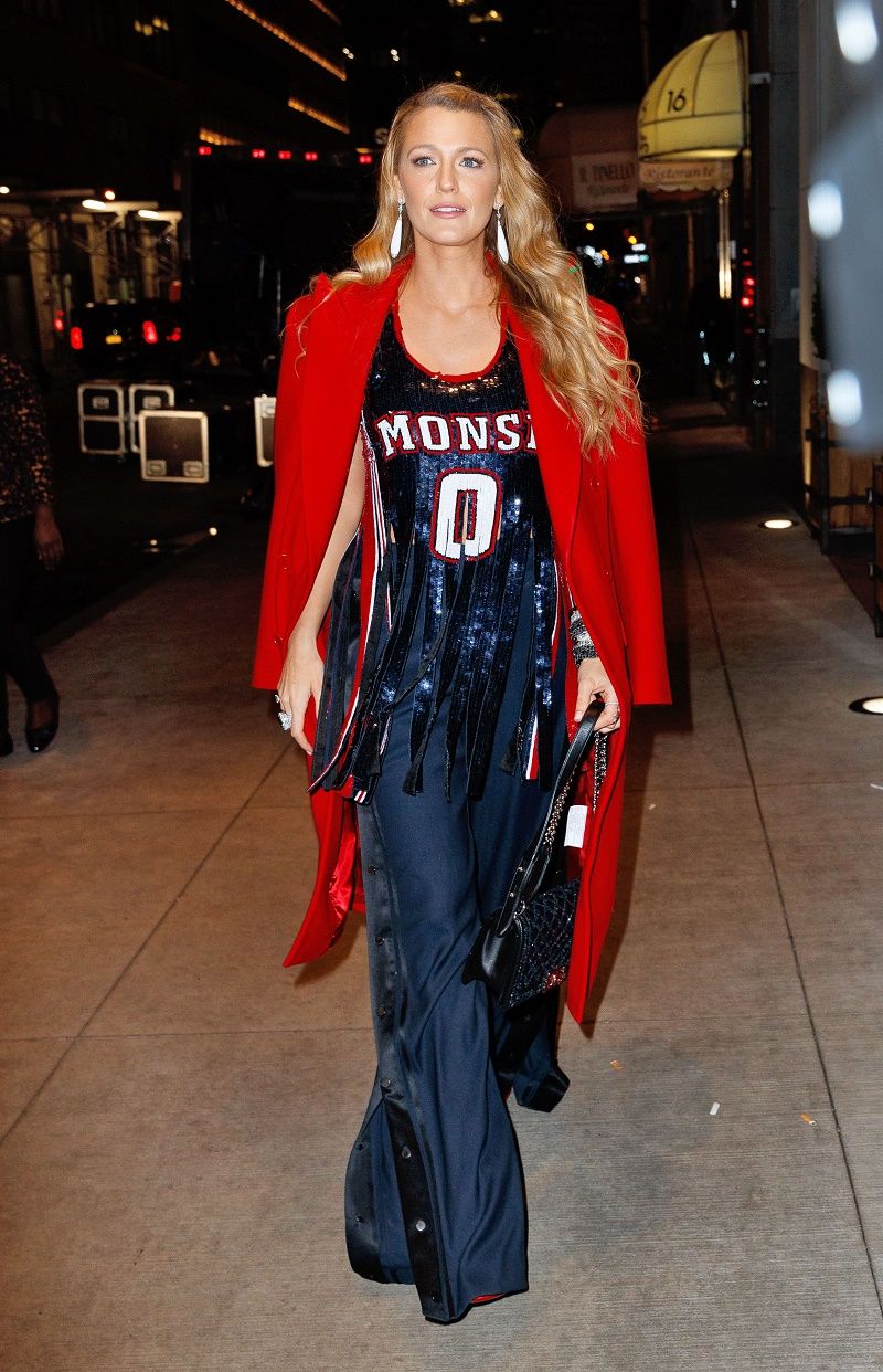 Blake Lively wears a basketball outfit for her 7th outfit change of the day in New York