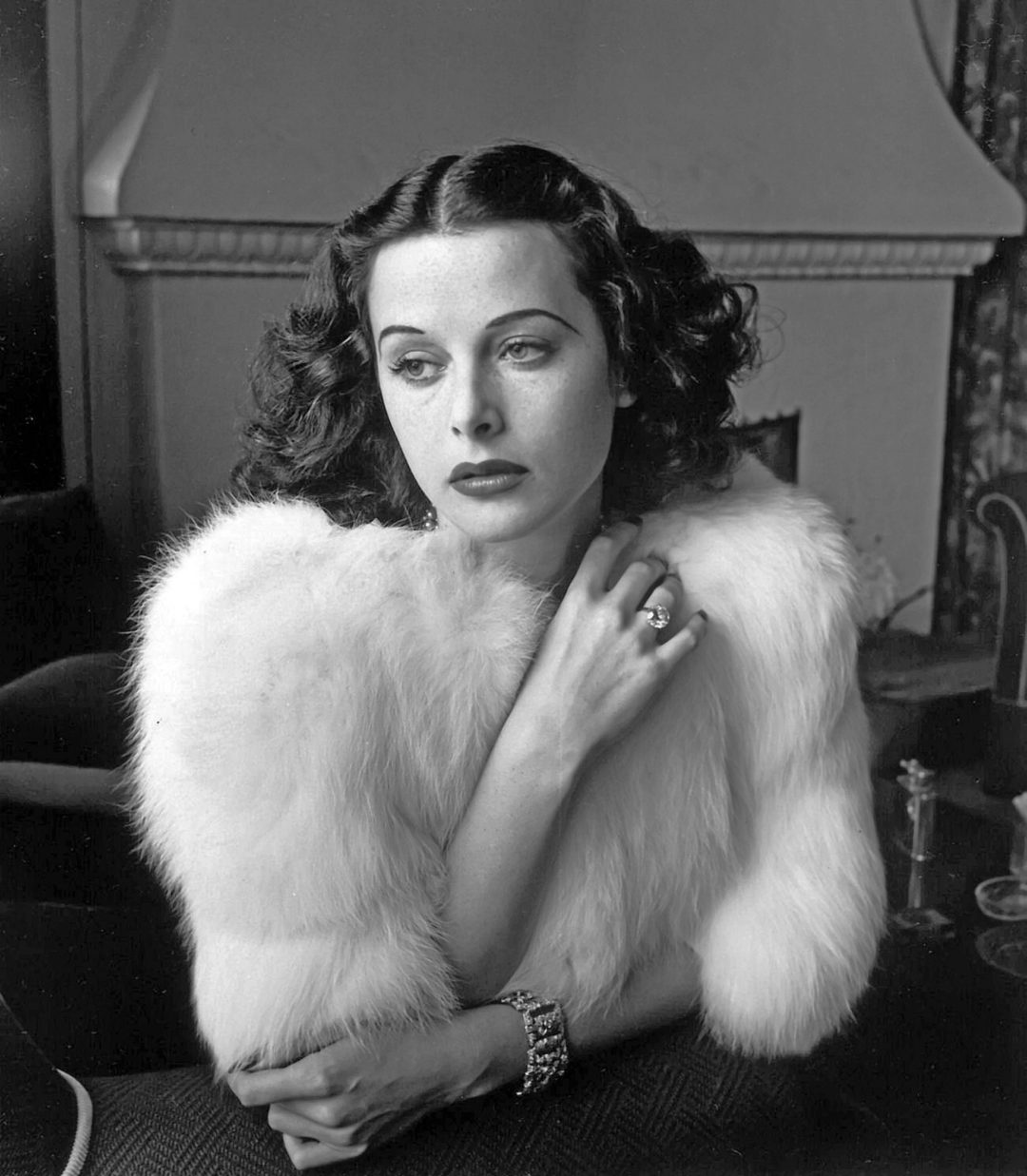 Hedy Lamarr - Glamorous portrait of movie actress Hedy Lamarr wearing white fox fur short jacket.193