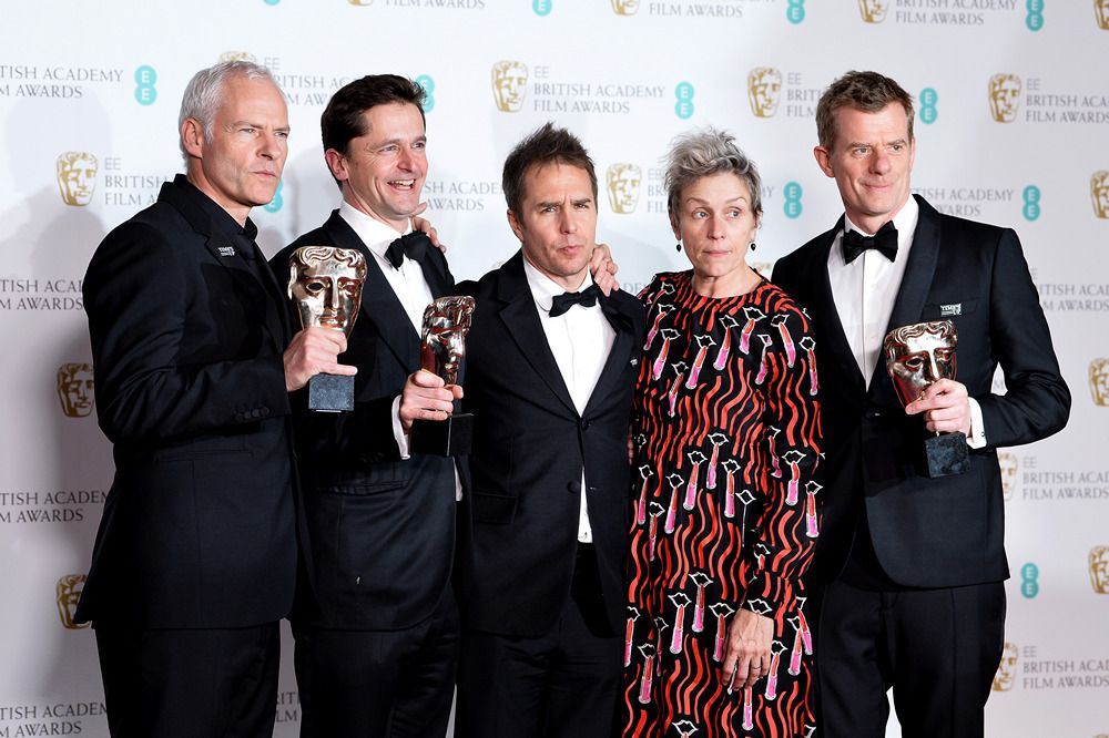 Martin McDonagh, Pete Czernin, Graham Broadbent, winners of the Outstanding British Film award, Sam Rockwell, winnerof the Best Supporting Actor award and Frances McDormand,