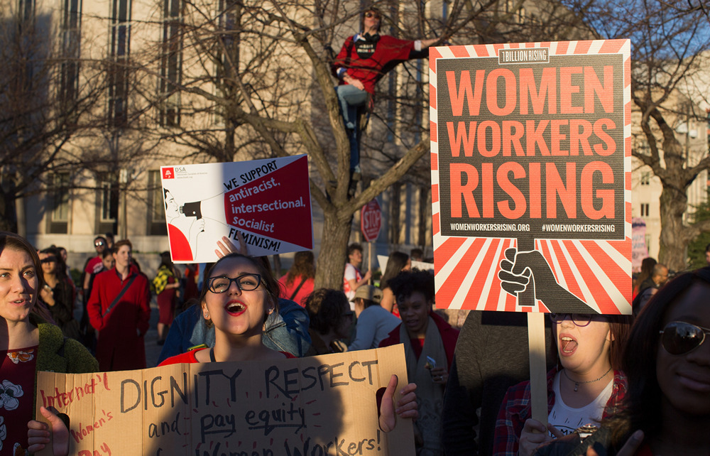 WASHINGTON, DC - MARCH 08: Workers and supporters take part in the Women Workers rising rally on March 8, 2017 in Washington, DC. (Photo by Tasos Katopodis/Getty Images for V-Day)