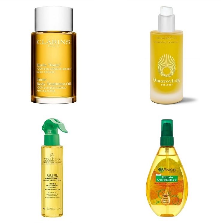 Clarins Firming-Toning Body Treatment Oil/Omorovicza Firming Body Oil/COLLISTAR Firming Elasticizing Rich Oil with Sweet Almond Oil/Garnier Body Ultimate Anti-Cellulite Oil